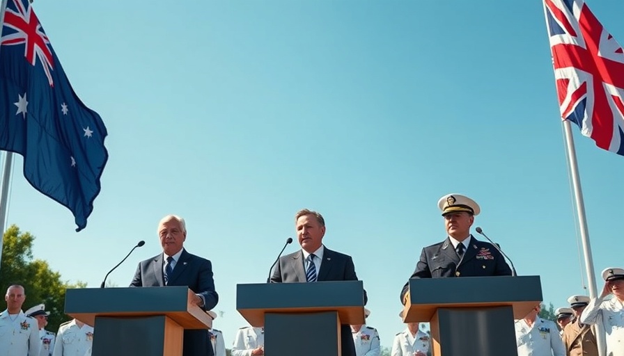 Aukus nuclear submarine deal event with leaders and flags.