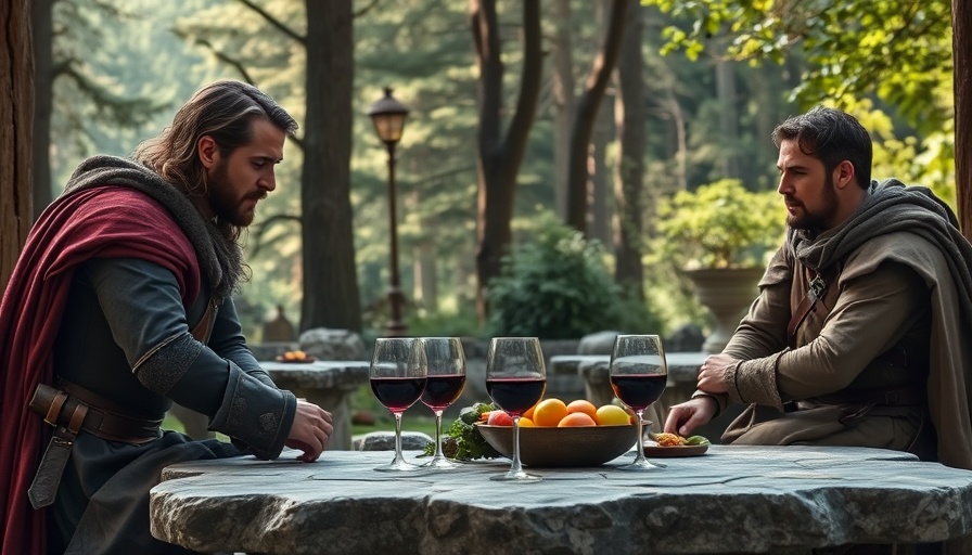 Medieval strategy planning between two figures at outdoor table, lush forest.