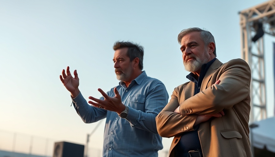 Prominent figures in discussion at outdoor event, clear sky backdrop.
