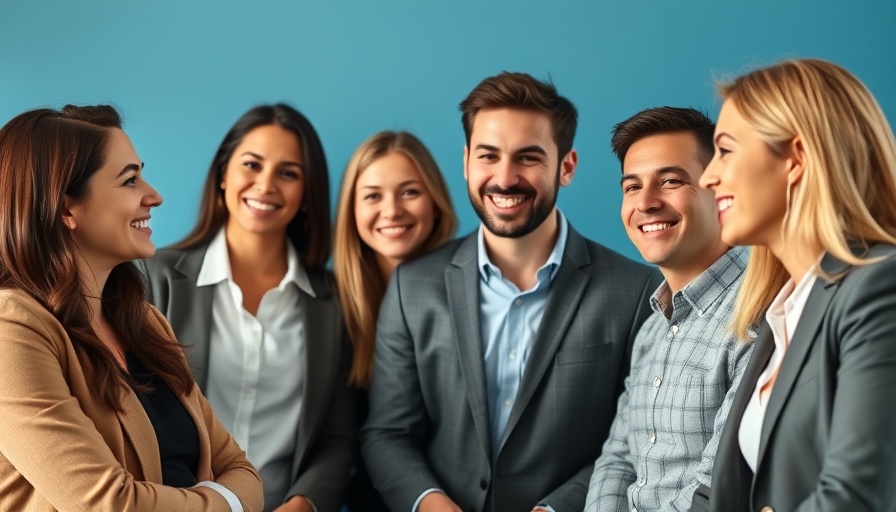 Smiling business professionals embracing AI, photorealistic style.