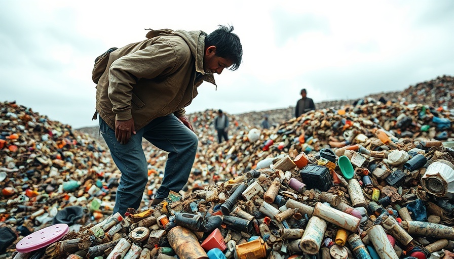 Person searching through landfill in Africa's largest slum, overcast sky.