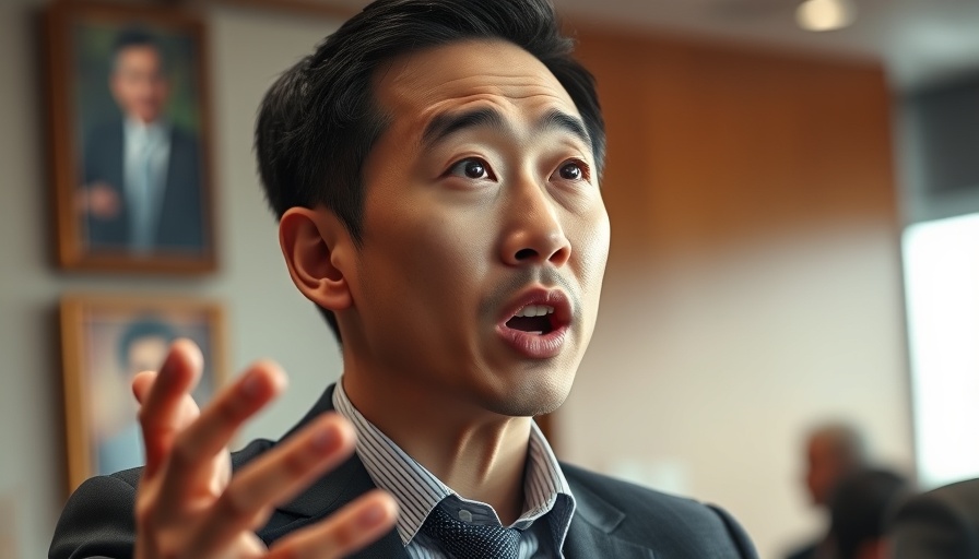 Young man discussing AI investment at a formal event.