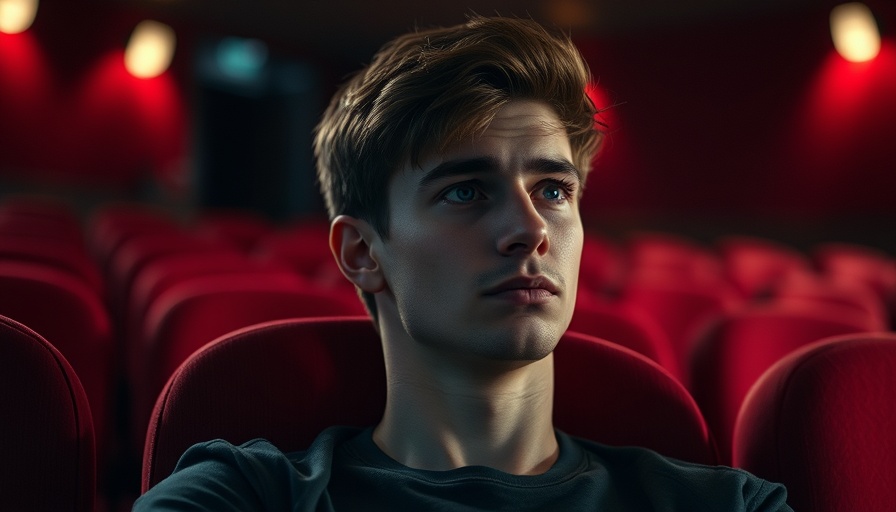 Contemplative young man sitting in a dimly lit cinema.
