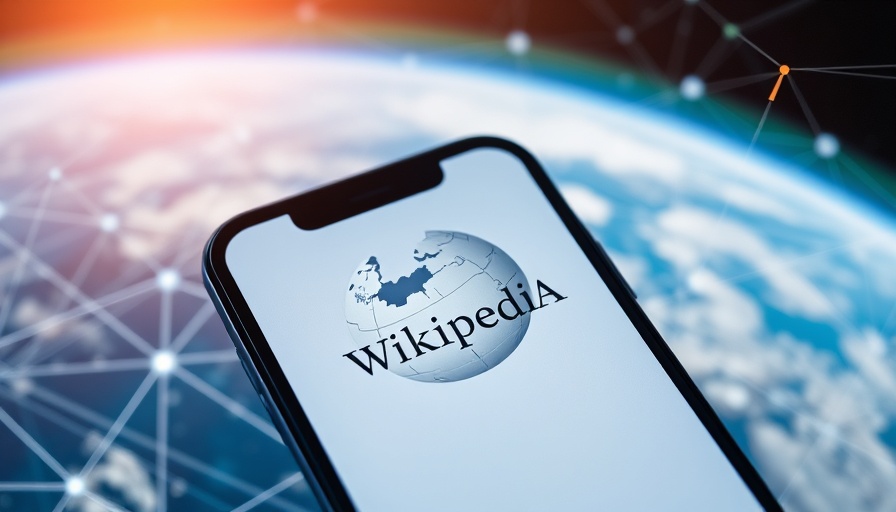 Smartphone with Wikipedia logo on digital network backdrop
