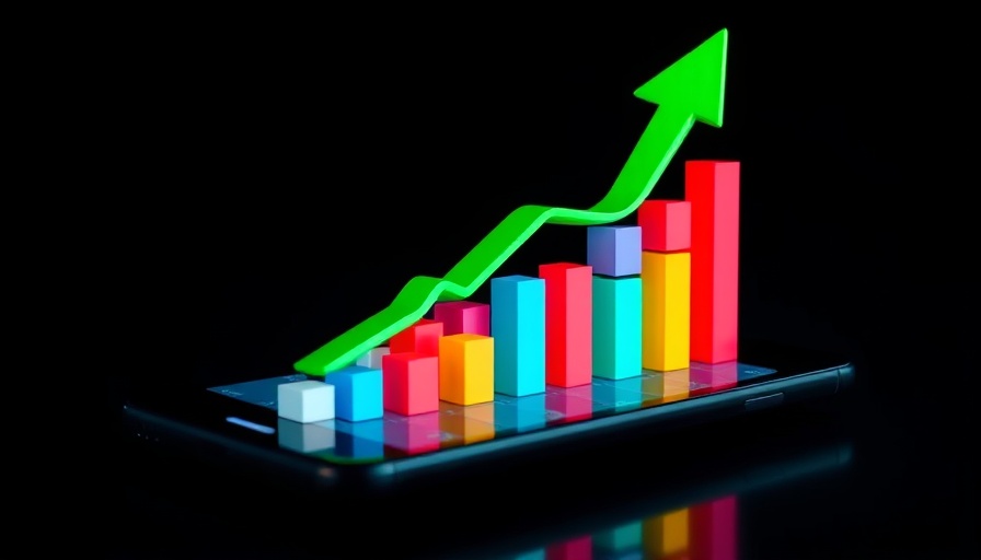 Market analysis graphic with 3D bar graphs and arrow on smartphone.