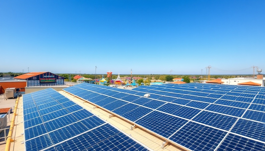 Rooftop solar panels generating renewable energy at an amusement park.