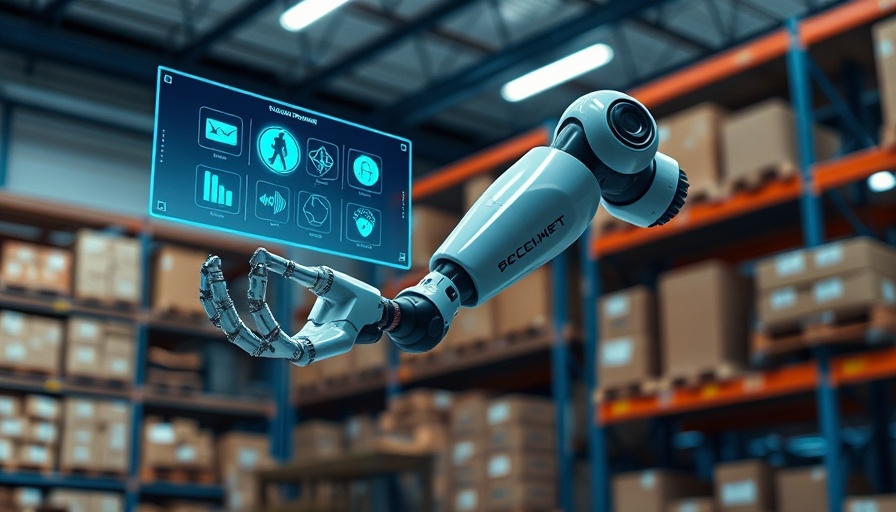Futuristic warehouse automation scene with digital interface