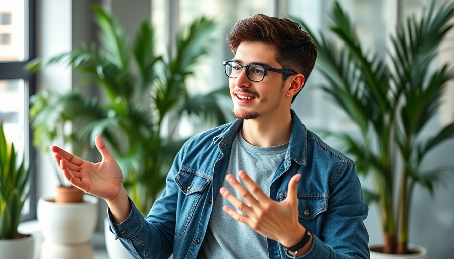 Confident young man discussing AI sales startup funding in a modern office.