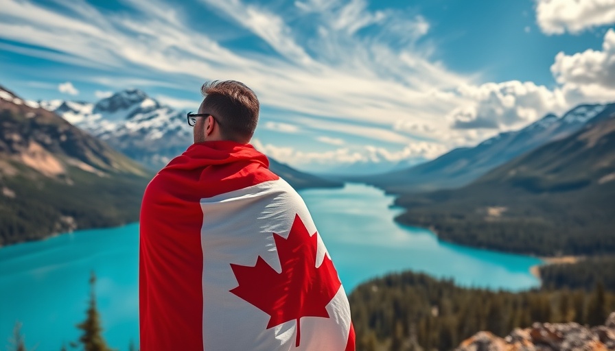 Canada a Good Place to Live: person wrapped in Canadian flag at scenic lake.