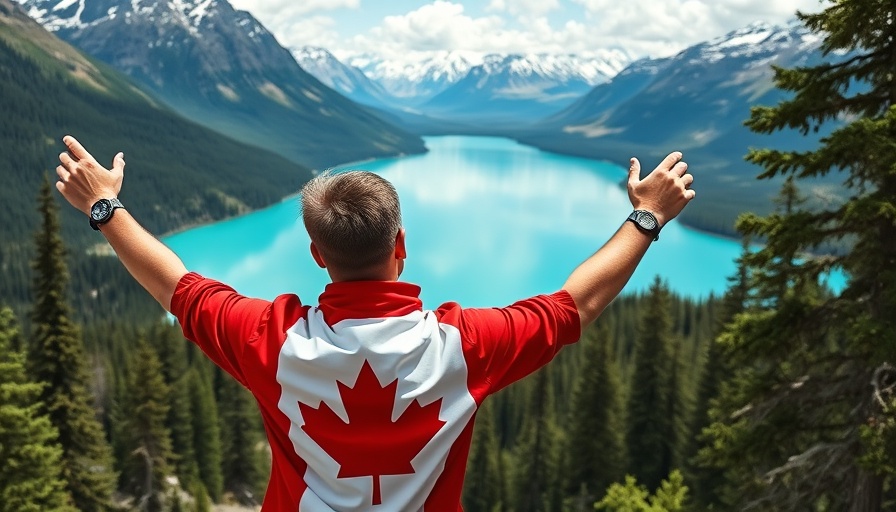 Exploring Canada's landscapes: a person with a flag by a lake.