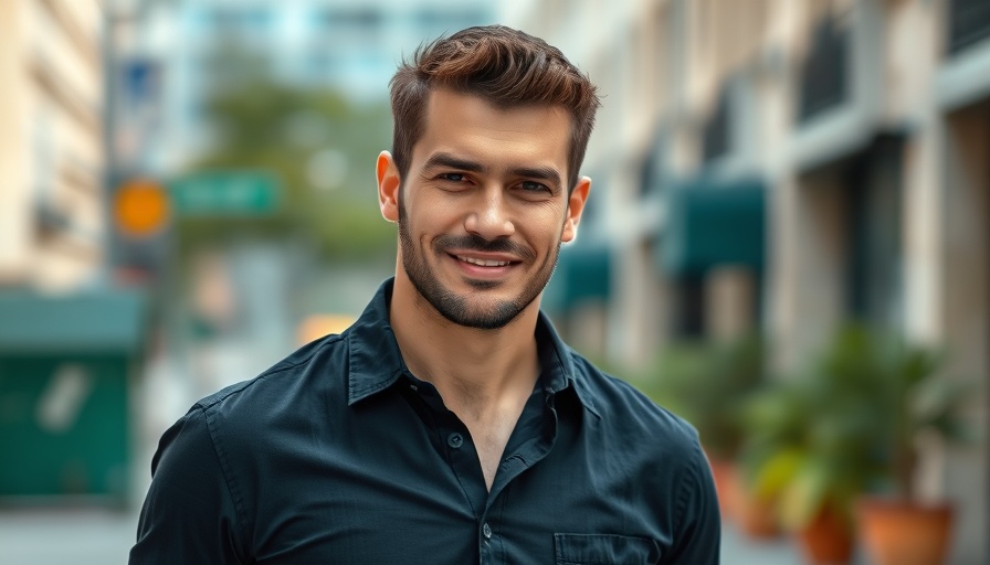 Confident man smiling in urban street setting, AI in vendor security reviews for startups.
