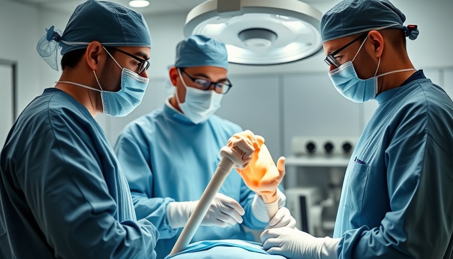 Medical team performing 3D-printed femur transplant in operating room.