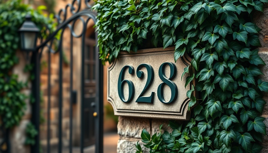 Home Numerology Calculation: Ivy-covered house number 628 display.