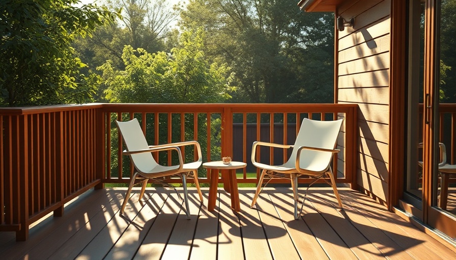 Sunlit wooden deck with chairs, steps for how to stain a deck