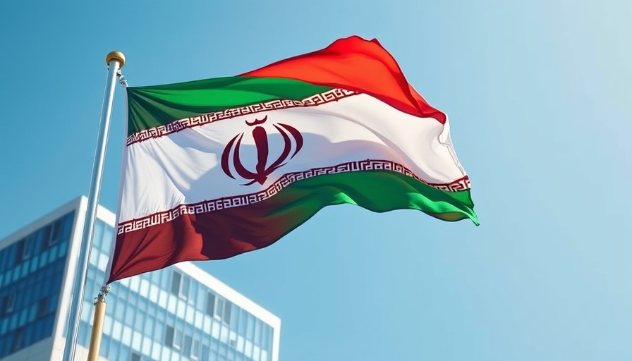 Iranian flag waving prominently against clear sky, representing national pride.