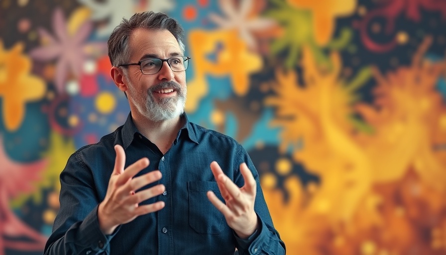 Middle-aged man discussing AI and corporate culture changes in front of a colorful background.