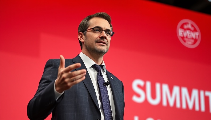 Business leader speaking confidently at a summit with red background.