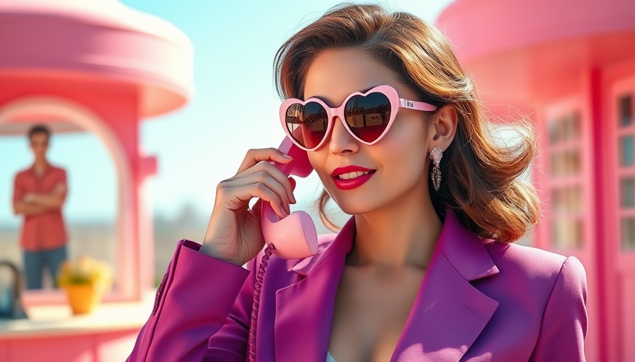 Woman in purple with heart sunglasses on phone in toy-like setting.