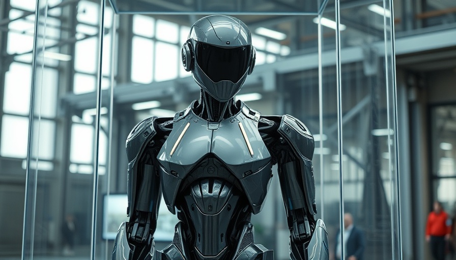 Futuristic robot at tech exhibition related to Tesla trade secrets lawsuit.