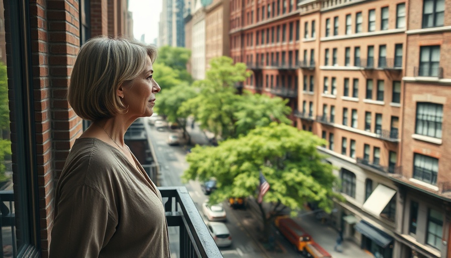 Woman on NYC balcony overlooking street; NYC landlords can't charge broker fees.