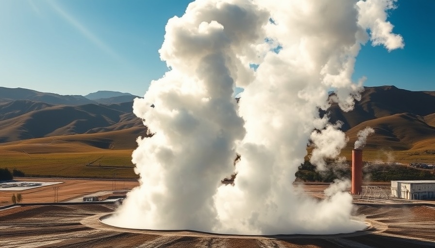 Towering steam clouds from a geothermal energy plant against a blue sky.