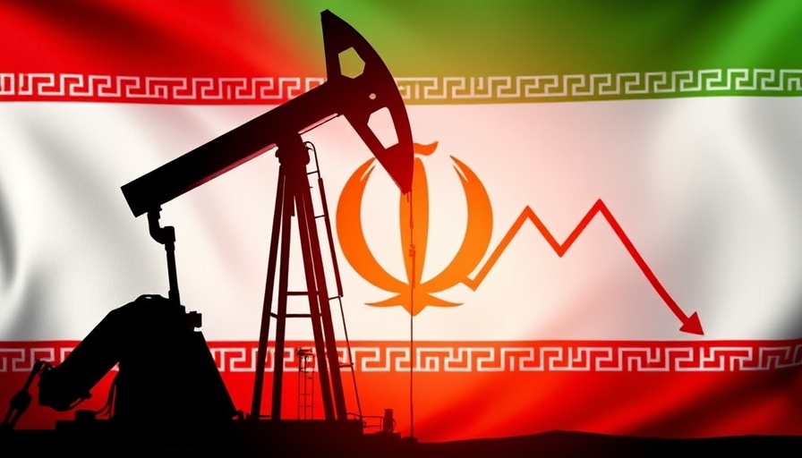 Oil pumpjack silhouette with Iran flag and stock market news graph.