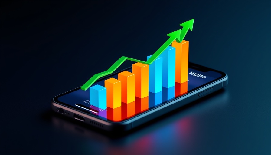 3D smartphone with financial bar charts and arrow.