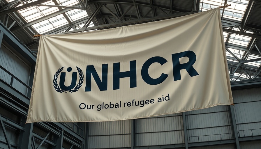 UNHCR banner symbolizing refugee aid at a modern building.