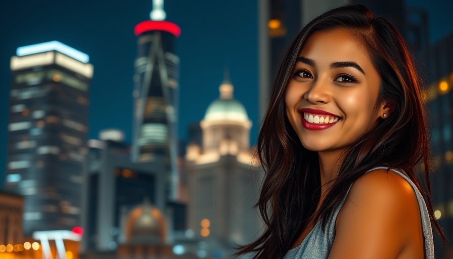 Smiling woman standing against illuminated city skyline, showcasing sustainability in banking.