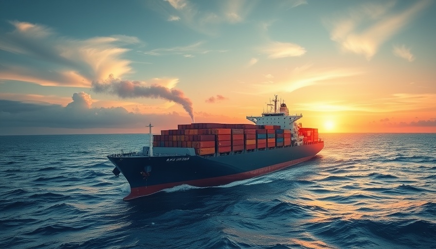 Cargo ship emitting smoke in open sea, sunrise.