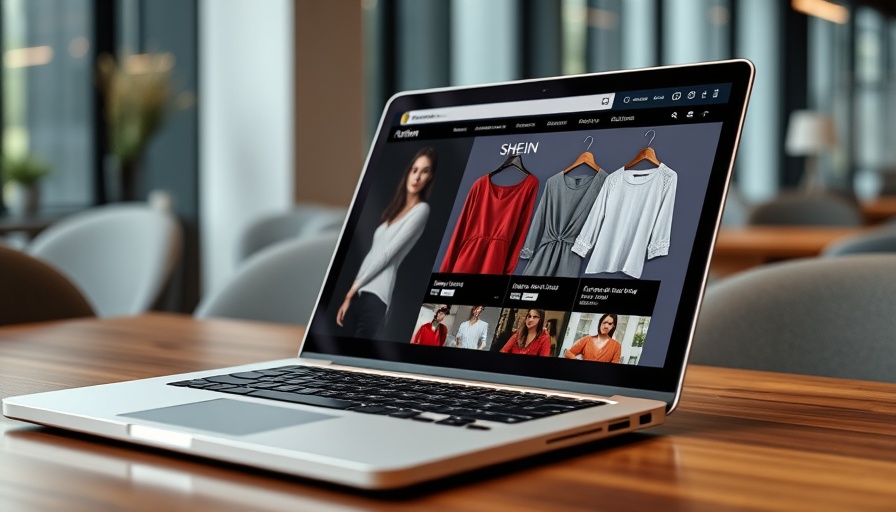 Laptop showing Shein website with women's clothing options, highlighting Shein sustainability targets.
