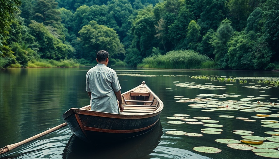 Tranquil river scene near Myanmar mines with dense forest.