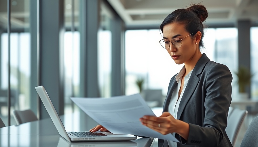 Businesswoman reviewing documents and laptop in modern office, related to debt collector access bank account.