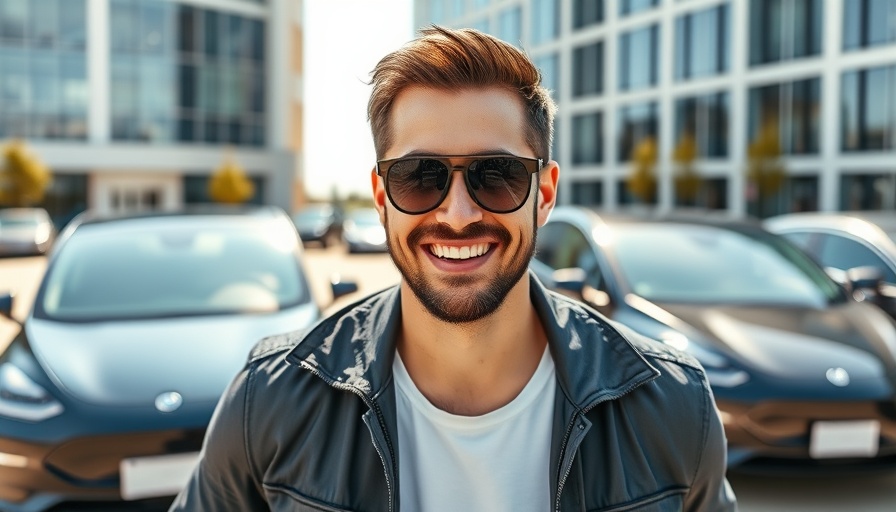 Successful EV car share startup leader posing confidently.