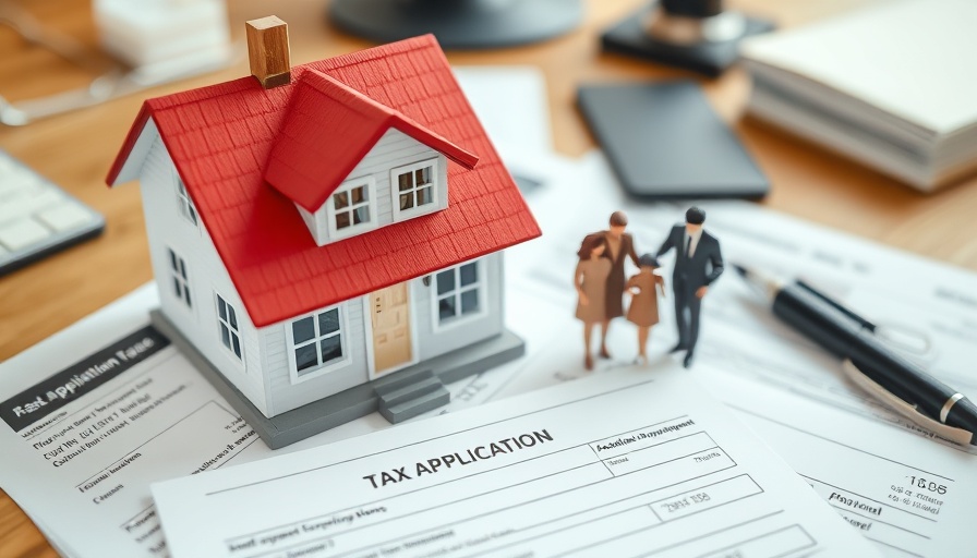Real estate taxes visualized with miniature house on forms.