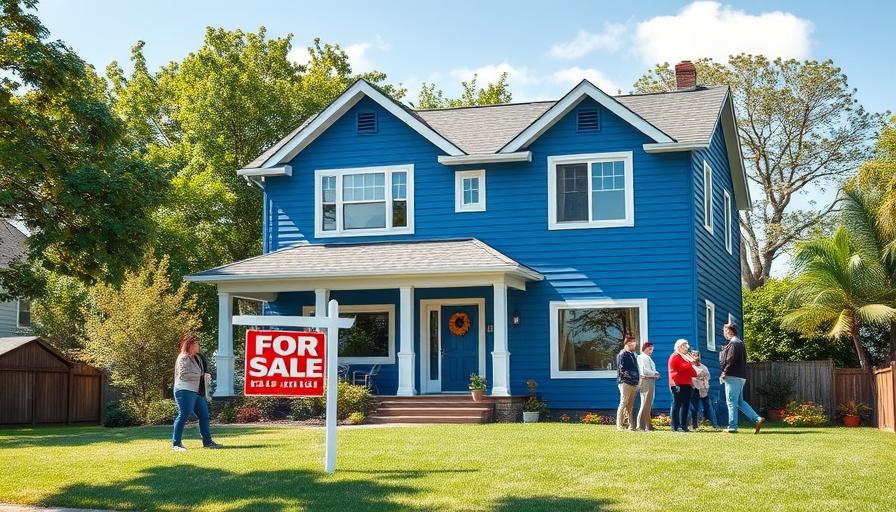 Blue house with 'For Sale' sign, people talking, mandatory inspection fixes.