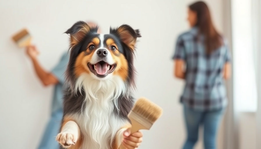 Playful dog with brush, couple painting in bright room.