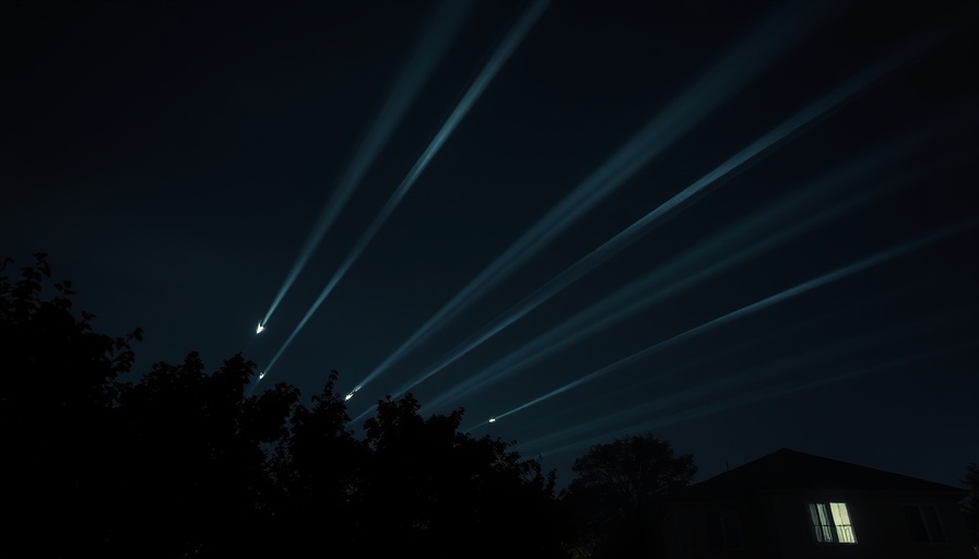 Missile launch trails in night sky over building