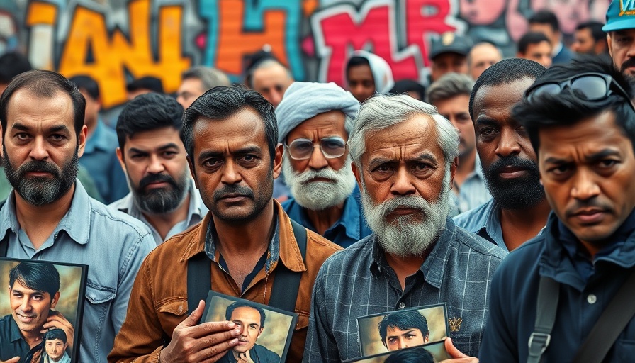 Demonstration in Iran with men holding portraits, mural in background.