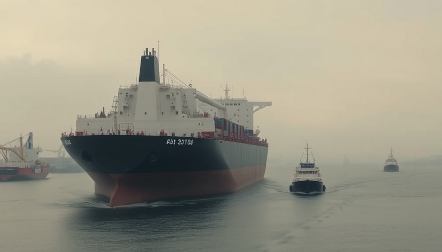 Oil tanker in the sea with smaller ships nearby, cloudy day.