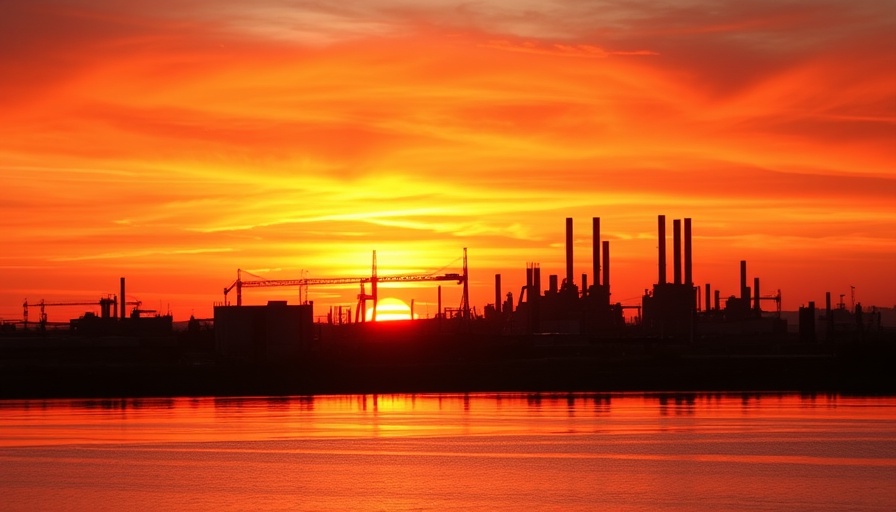 Fiery sunset over industrial landscape reflecting on water.