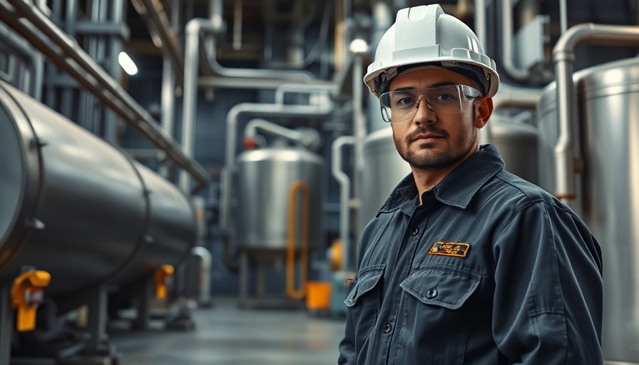 Industrial worker in protective gear at nuclear facility, complex background.