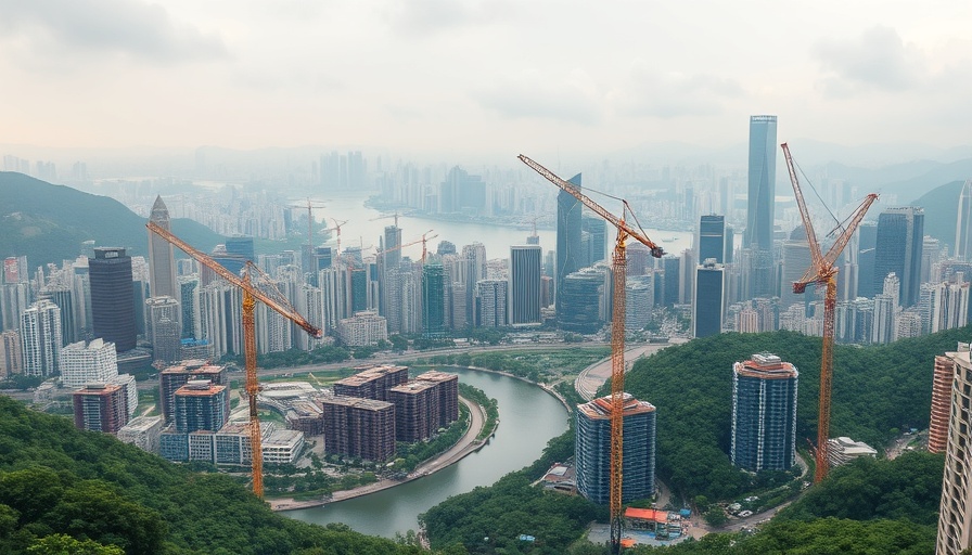 Aerial view of construction in Northern Metropolis Hong Kong against city skyline.