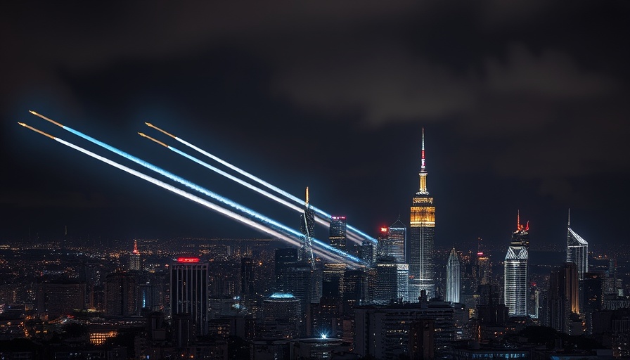 City skyline at night with defense missiles, Israel retaliatory strikes impact on business strategies.