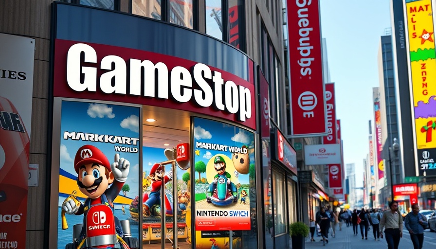 GameStop storefront with Mario Kart graphics and Nintendo Switch advertisement, highlighting GameStop Trading Cards Future.