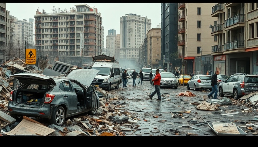 Urban disaster scene representing Bitcoin and crypto market decline.