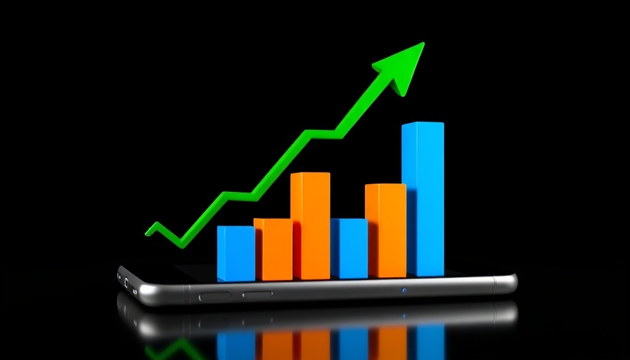 Bar graphs with upward arrow emerging from smartphone, symbolizing growth.