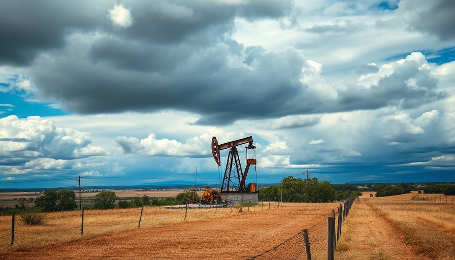 Oil pumpjack in an open field under dramatic clouds.