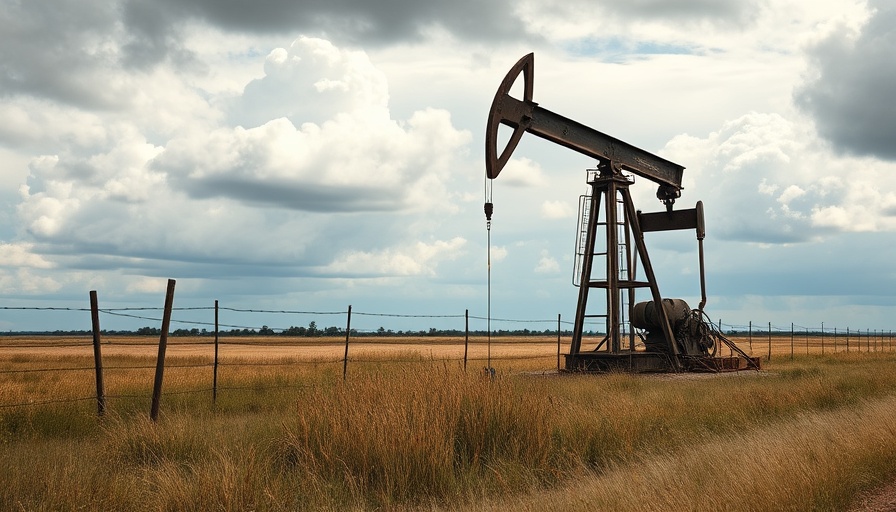 Oil pumpjack in a rural field under cloudy sky related to stock market news.