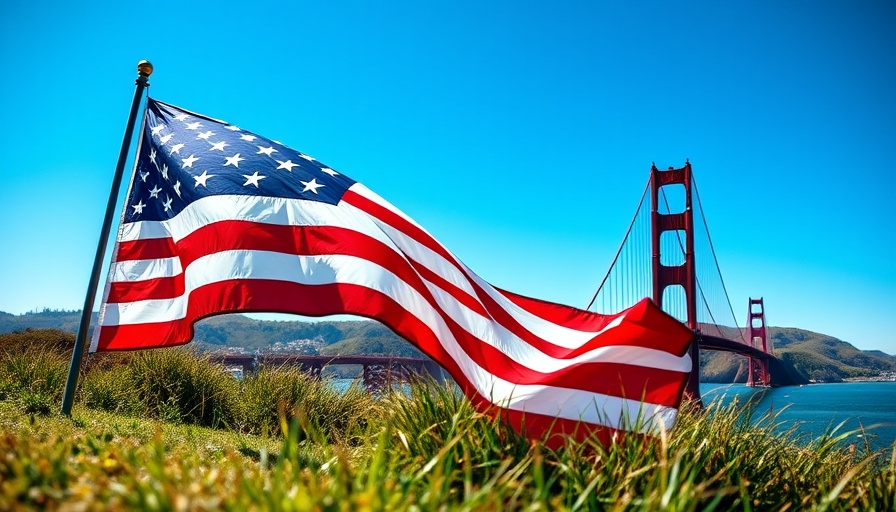 American flag near Golden Gate Bridge symbolizing patriotic spirit.
